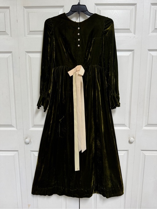 Handmade Dresses & Skirts - Olive Green Velvet Long Sleeve Maxi Dress with Cream Bow Vintage Size M